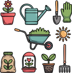 Title: Cute Hand-Drawn Gardening and Horticulture Vector Icons