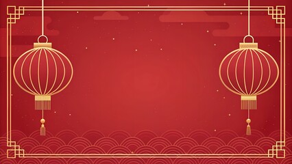Minimal Red Background with Double Lantern Hanging Top Border