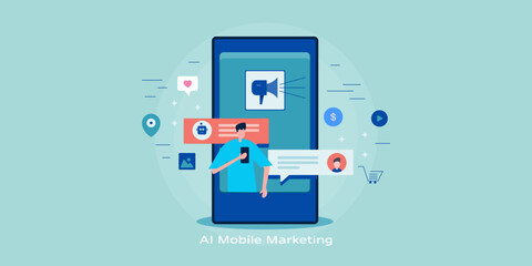 Fototapeta na wymiar AI mobile marketing with automated communication system, brand connects directly to customer, by delivering personalized shopping experience, store location sharing and offers via chatbot messages.