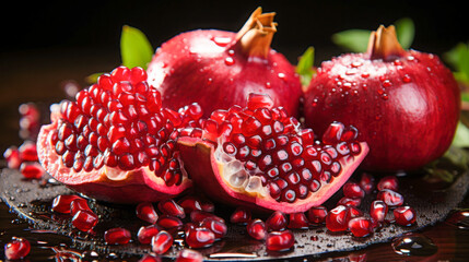 Three ripe pomegranates are placed on a decorative plate, some are split open revealing glistening red seeds alongside vibrant green leaves, all showcased in a softly lit environment.