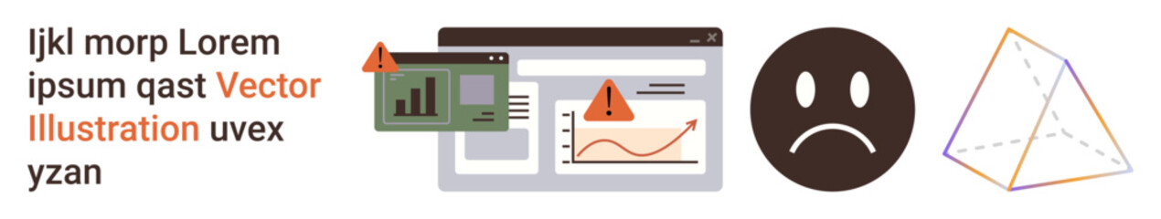 Business analytics, error alerts, emotional response, digital monitoring, charting issues, data evaluation. Graphs, warning symbols sad emotion pyramid shape. Business analytics and error alerts