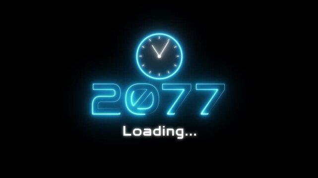 New year 2077 loading animation. Neon new year text animation. New year timer clock icon animation.