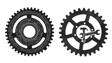 Two black gears with intricate designs, one featuring a circuit-like pattern and the other with a hammer and wrench, on a white background.