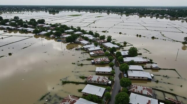 An aerial view of a flooded coastal town post-hurricane, submerged houses and streets, cars underwater, rooftops barely visible
