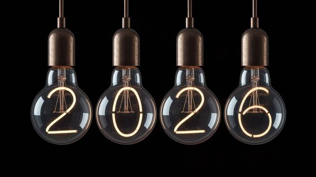 Four illuminated vintage style bulbs display the digits forming the year twenty twenty-six against a dark background