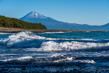 朝の三保海岸から三保の松原と富士山