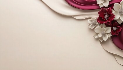 Dimensional floral arrangement decorates the corner of a soft, flowing fabric background