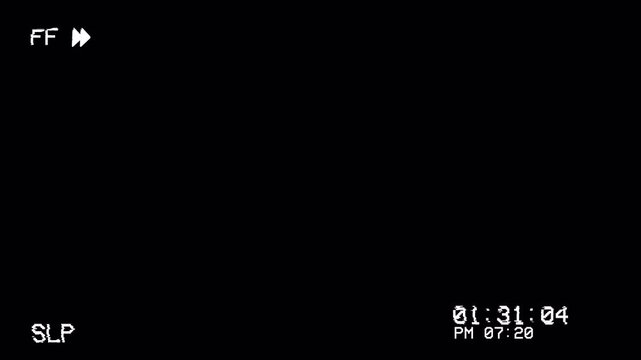 Black and White VHS Glitch Overlay VCR Noise Static. Fast Forward and SLP Screen Display with Flickering Line Distortion for Retro Analog Video Effect 4k video animation seamless loop