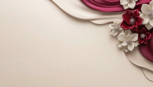 Dimensional floral arrangement decorates the corner of a soft, flowing fabric background