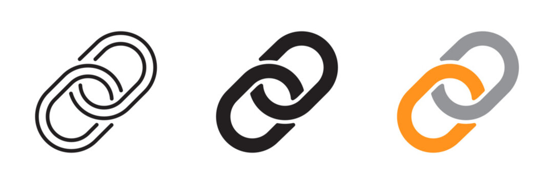 Link icon set. Chain sign. Linked symbol. Hyperlink, connection, join, connected concept. Black, gray, orange. Element for social media, interface, web, network. Editable stroke. Vector illustration.