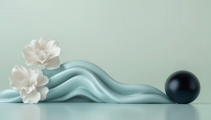 Serene composition features delicate white blossoms atop flowing aqua drapery beside a dark sphere