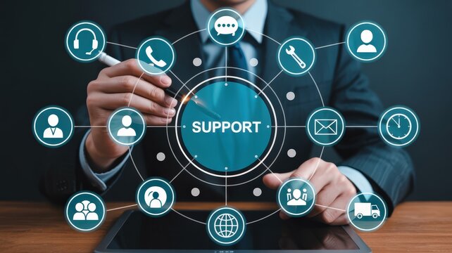 Businessman interacts with a digital interface visualizing customer assistance services