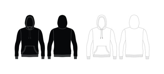 Hoodie CAD mock up lines in front and back view, mock up isolated.Hoodie technical fashion illustration. hoodie vector template illustration. © irfan