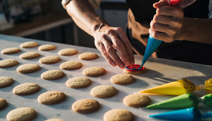 Person decorating cookies with colorful icing on a baking sheet