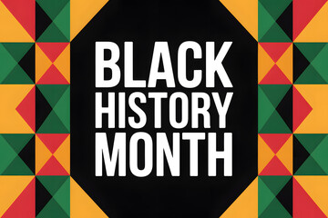 Bold geometric poster celebrating Black History Month with vibrant red, green, and orange triangles on a black background. Modern, symmetrical design with impactful text.