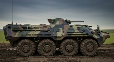 Fototapeta premium Camouflaged Armored Personnel Carrier in Battlefield Ready State