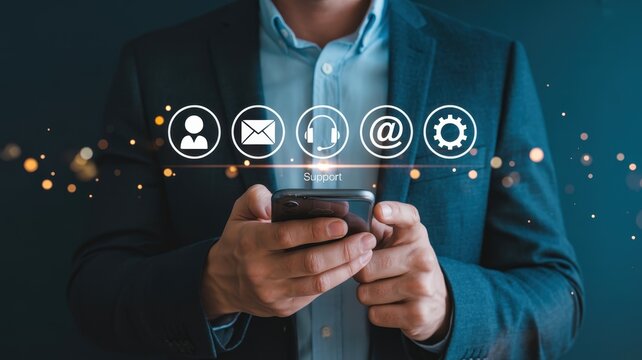 Businessman interacting with a floating digital interface for customer assistance options on a mobile device