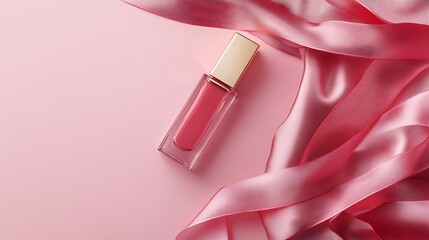 Elegant Pink Lip Gloss with Golden Cap on a Silk Ribbon Background