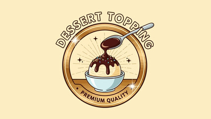 Chocolate syrup pouring onto ice cream dessert in a bowl premium quality logo design for food branding and advertising