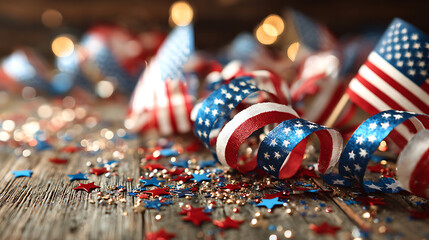 Obraz premium Festive Fourth of July decorations with mini flags, ribbons, and stars create joyful atmosphere