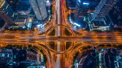 Aerial view of a busy city highway interchange at night with light trails