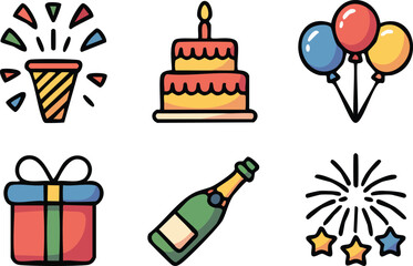 Cute Cartoon Party and Festival Vector Icon Set