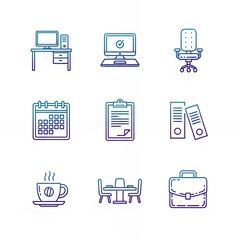 Gradient line icons representing essential office equipment and business organization tools for modern workplace concepts