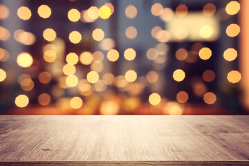 table and lights background during night time. Product display or mock up