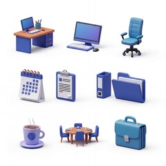 Collection of blue and orange 3D isometric office supplies and furniture icons isolated on a white background for design