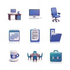 Collection of nine blue and teal 3d isometric office supply icons representing workplace organization and professional tasks