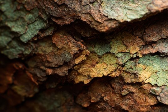 &ldquo;Close-up macro of colorful textured tree bark with layered organic surfaces and warm earthy tones&rdquo;