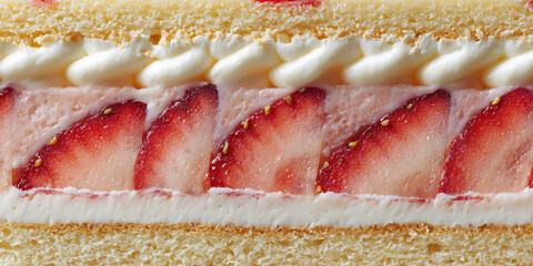 Delicious strawberry shortcake with layers of cream and fresh strawberries, showcasing tempting cross section