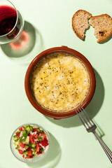 Top view of Grilled provolone cheese seasoned with oregano on green background.