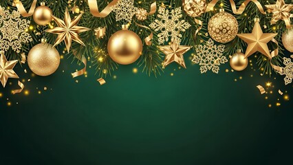 Elegant golden christmas ornaments and snowflakes border a deep green background with sparkling lights and confetti for holiday design