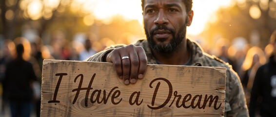 Black man holding a wooden protest sign with I Have a Dream text. Serious African American male activist at a rally during sunset. Civil rights and equality concept