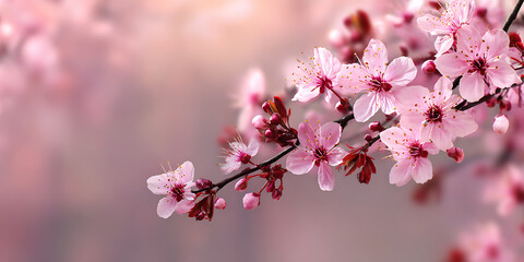 Blossoming pink cherry flowers on branch create serene spring atmosphere