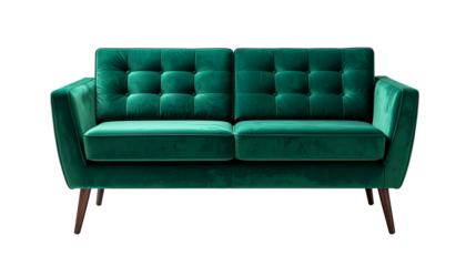 A luxurious, emerald green, velvet two-seater sofa with tufted cushions and wooden legs