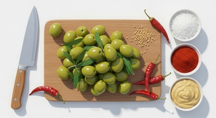 Green olives with spices, salt, mustard, and chili peppers on a wooden cutting board next to a knife, overhead view