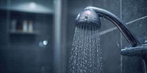 Water running from shower head in modern bathroom, creating refreshing atmosphere