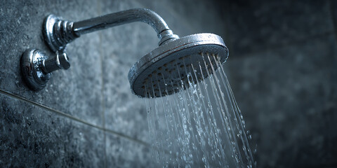 Water running from shower head in modern bathroom, creating refreshing atmosphere