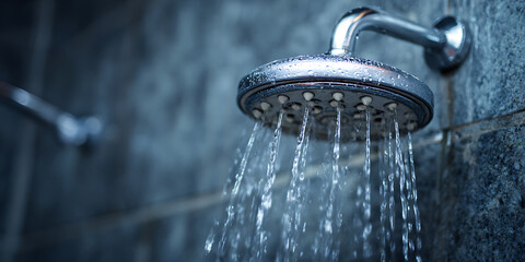 Water running from shower head in modern bathroom, creating refreshing atmosphere