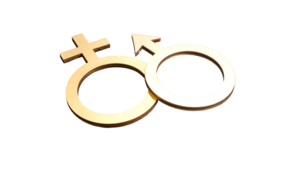 Golden gender symbols, interlocking, over a stark black background, representing male and female