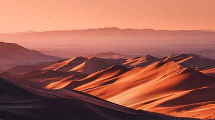 Wide desert landscape during golden hour, showcasing smooth sand dunes and distant mountains. warm hues create serene