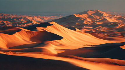 Golden hour illuminates vast desert dunes, creating smooth, flowing shapes. warm light enhances serene beauty of landscape
