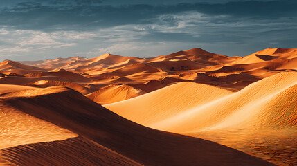 Golden hour illuminates vast desert landscape with smooth sand dunes