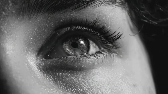 Close-up of a human eye revealing intricate details and striking patterns in black and white, showcasing the beauty of natural features during daytime lighting