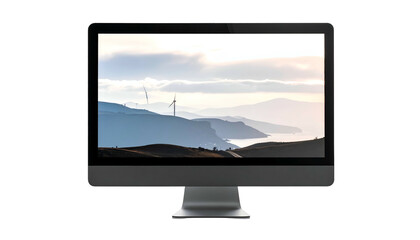 A computer monitor displays a landscape of mountains, wind turbines, and water