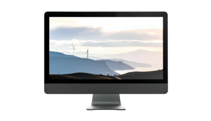 A computer monitor displays a landscape of mountains, wind turbines, and water