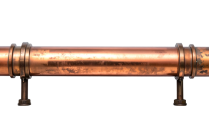 Horizontal view of a copper pipe with two large rings, and two support legs