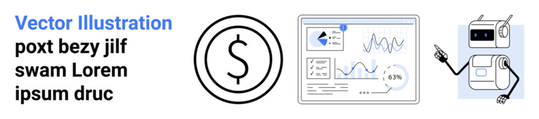 Financial technology, data analysis, automation, artificial intelligence, investment strategies, digital tools. Dashboard with charts, dollar sign and robot. Financial technology and data analysis